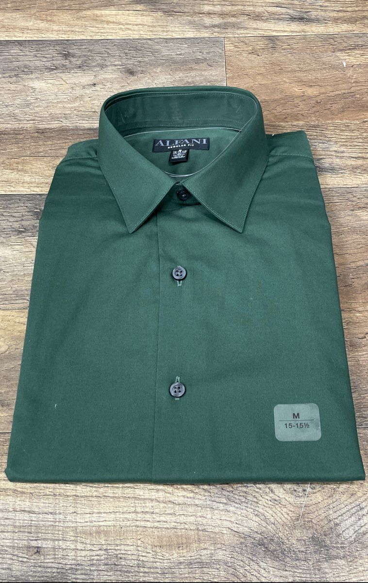 Alfani Men's Regular Fit Green Solid Point Collar Dress Shirt NWT Sz M 15-15 1/2