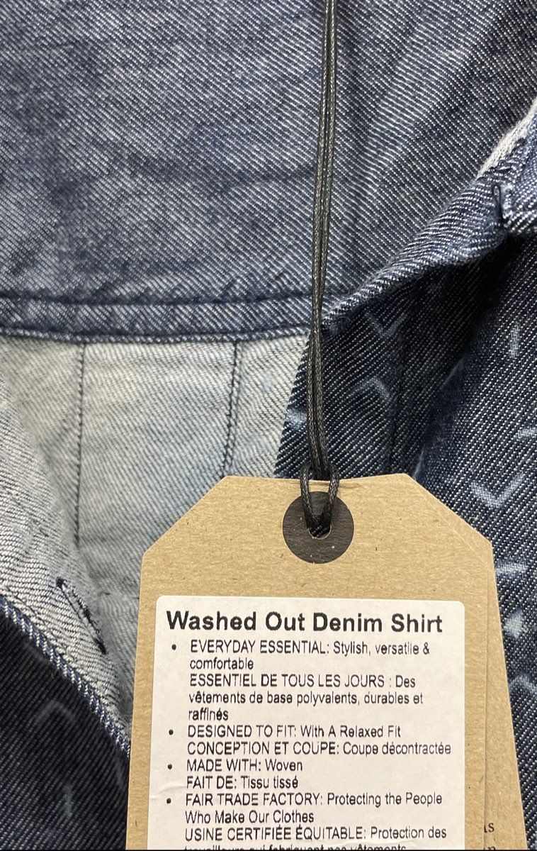 Prana Women's Blue Washed Out Denim Shirt Geometric Print Organic Cotton Sz L