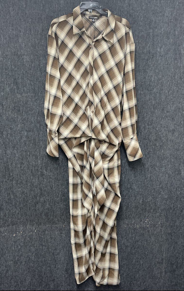 Fashion Nova Women's Brown Plaid Long Sleeve Front Twist Button Up Maxi Dress 1X