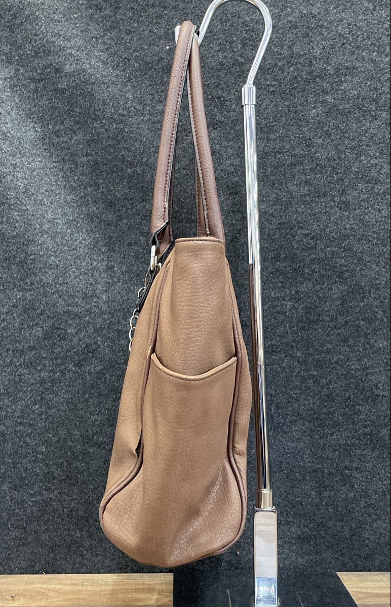 Bueno Brown Leather Tote Shoulder Bag with Silver Flower Charm