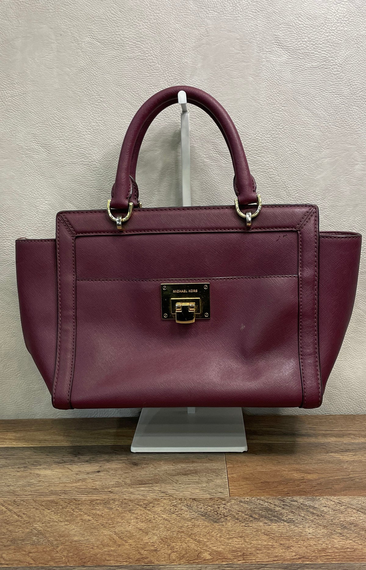 Michael Kors Purple Saffiano Leather Satchel Handbag Gold Hardware Turn Lock