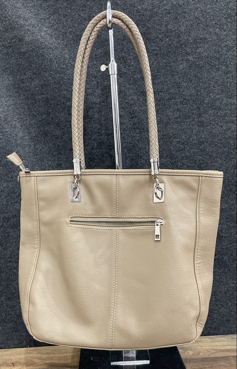 Taupe Grey Pebbled Leather Tote Shoulder Bag Braided Handles Silver Hardware