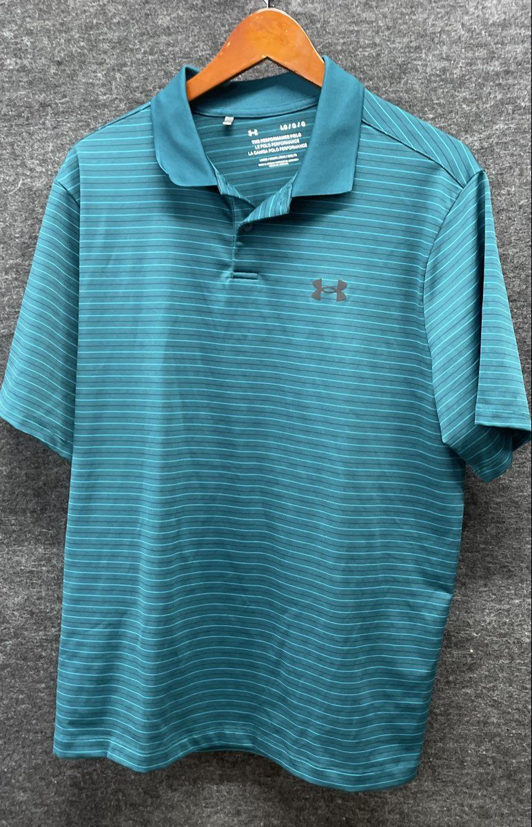 Under Armour Men's Green Teal Striped Performance Polo Shirt Loose Fit Sz L