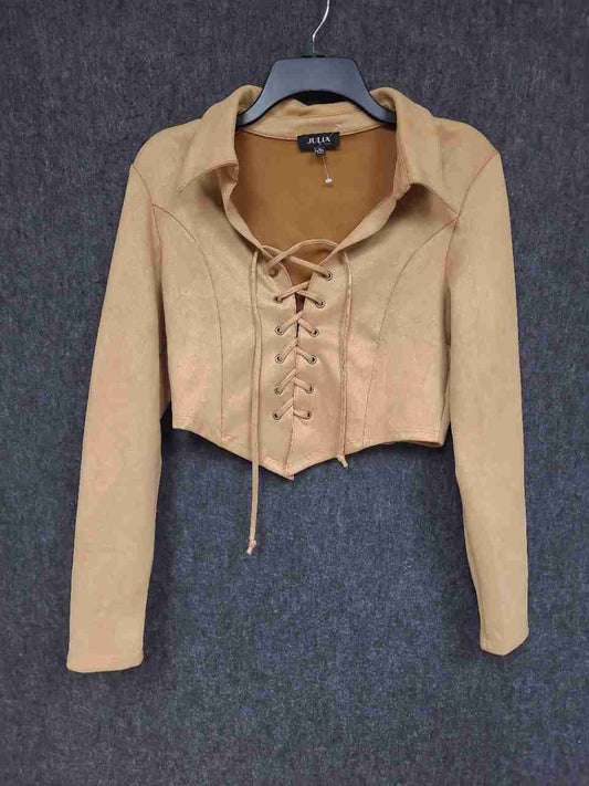 Julia by Love J Women's Tan Faux Suede Lace-Up Corset Cropped Shirt Sz L