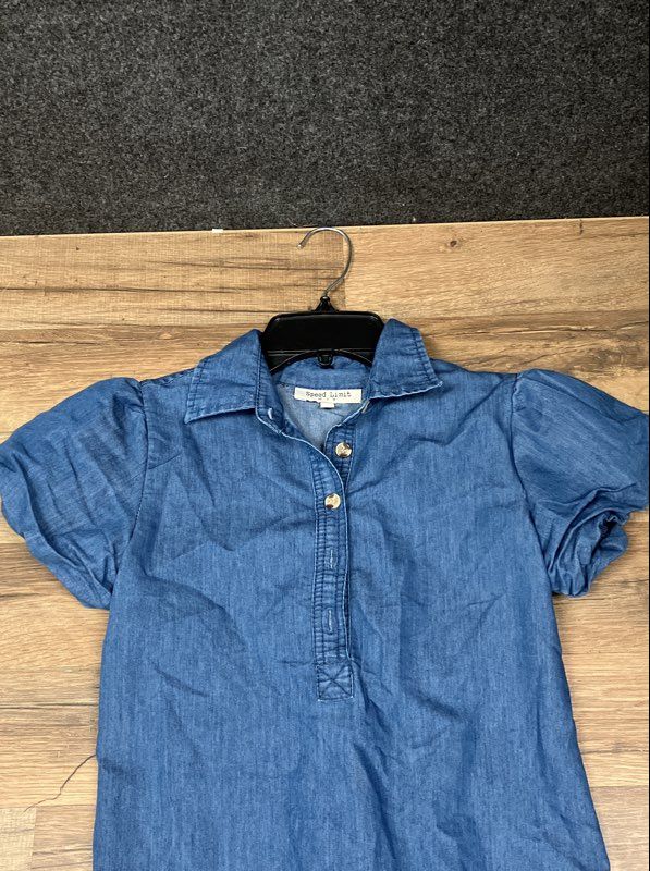 Speed Limit MPH Girls Blue Denim Puff Sleeve Smocked Back Henley Dress Sz 10