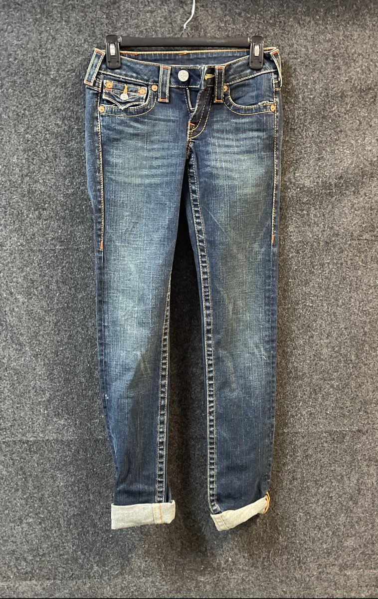 True Religion Women's Blue Skinny Flap Pocket Horseshoe Jeans Size 24