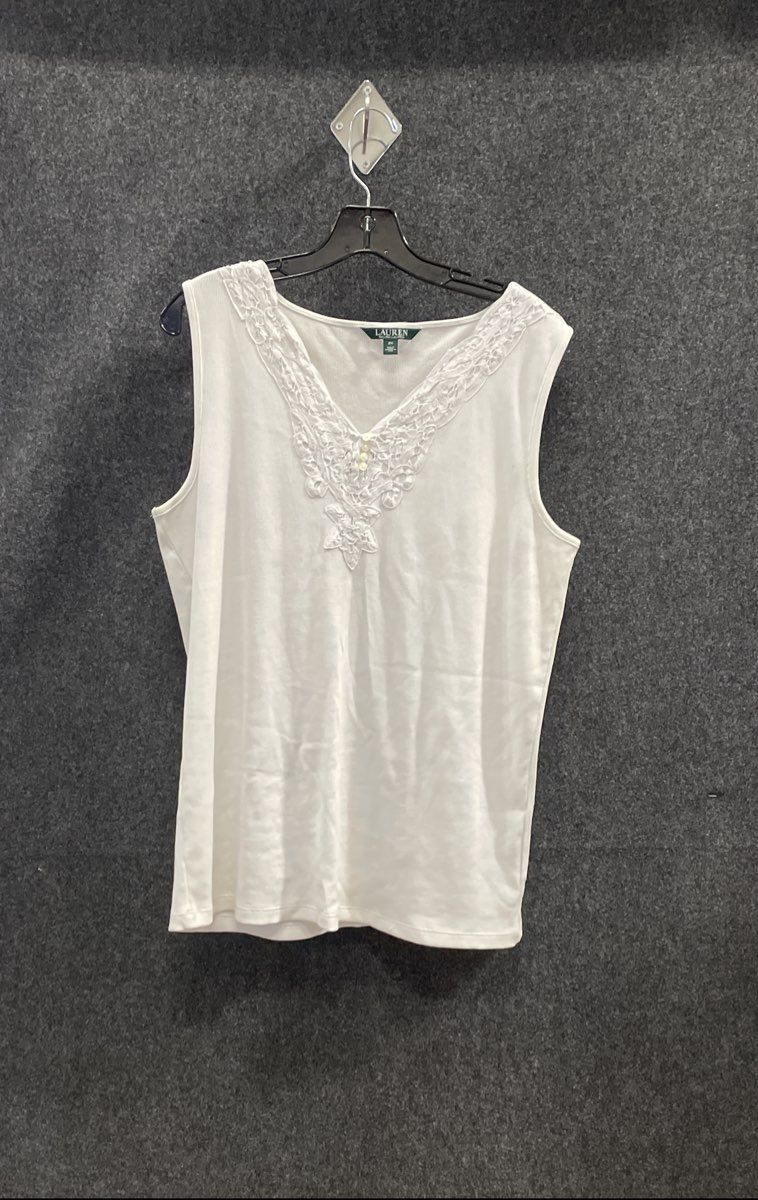 Lauren Ralph Lauren Women's White Ribbed Tank Top Floral Lace Trim V-Neck Sz 2X