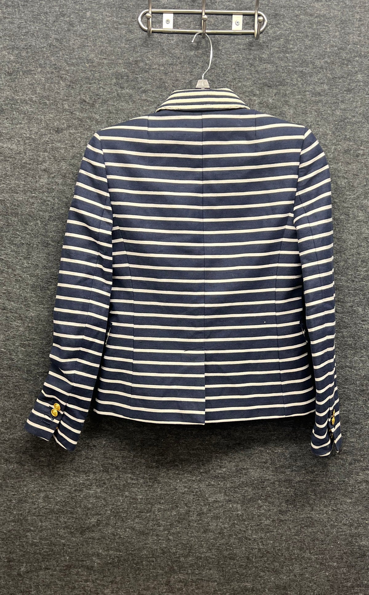 J.Crew Women's Blue White Striped Schoolboy Blazer Gold Crest Buttons Sz 0