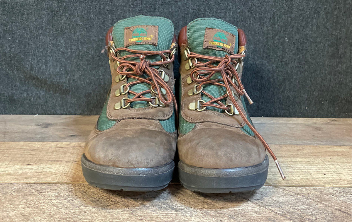 Timberland Field Boots Brown Green Canvas Leather Hiking Mid Top Size 6
