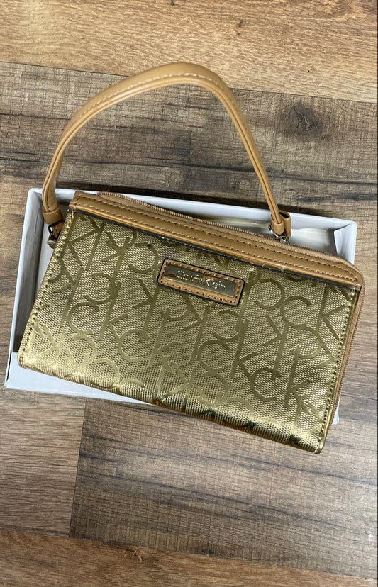 Calvin Klein Gold Metallic Monogram CK Logo Wristlet Wallet NWT In Box
