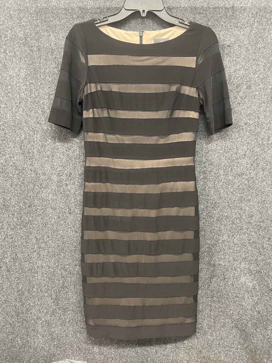 Adrianna Papell Women's Black Tan Banded Mesh Stripe Sheath Dress Sz 2