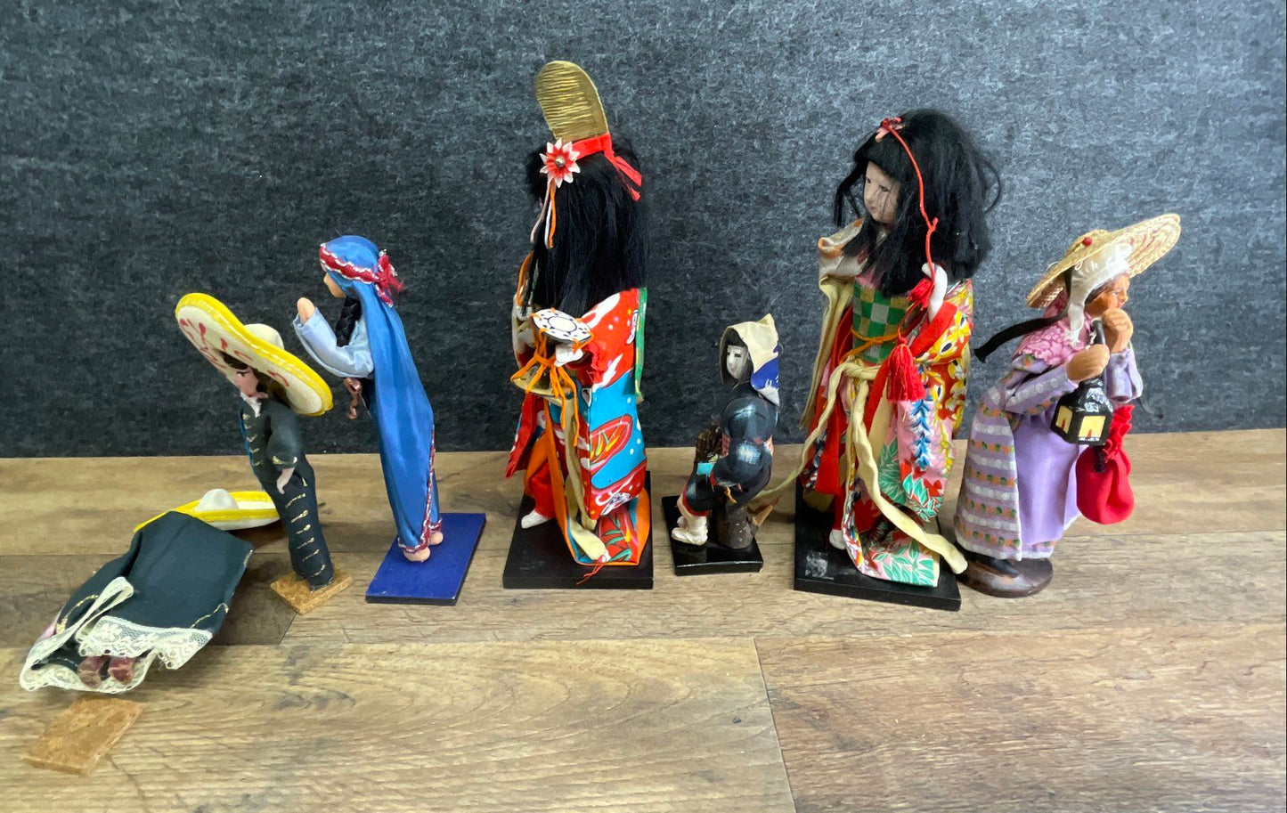 Vintage Lot of 7 International Dolls Japanese Geisha Mexico Souvenir Figurines