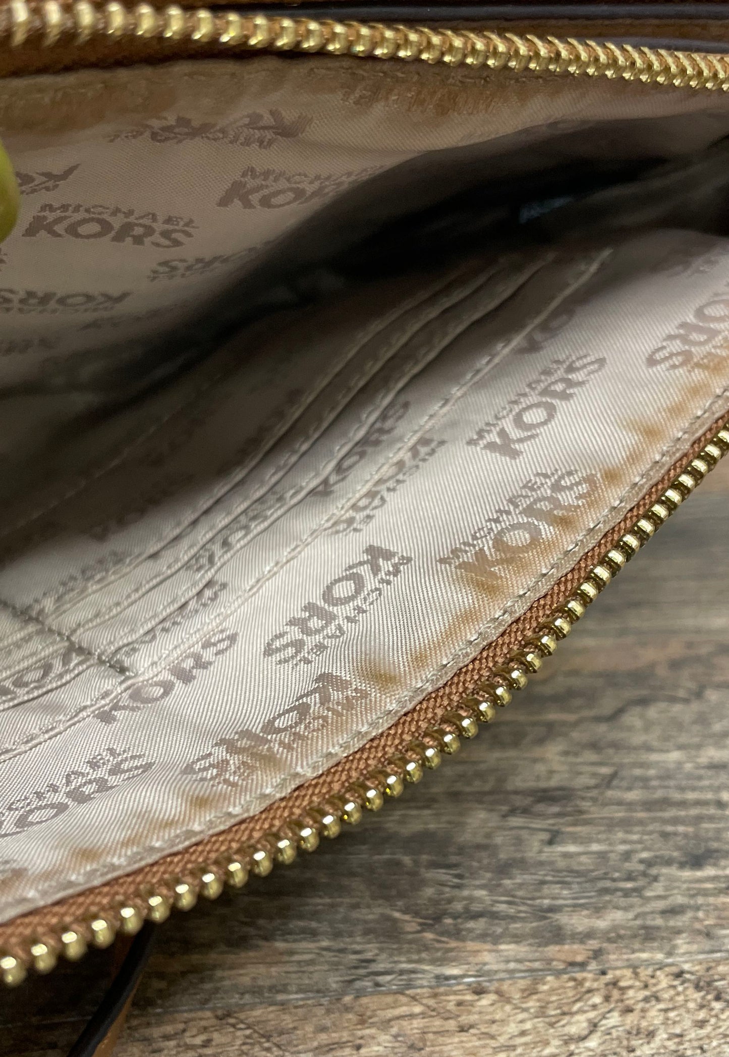 Michael Kors Brown Pebbled Leather Monogram Crossbody Bag Gold Hardware