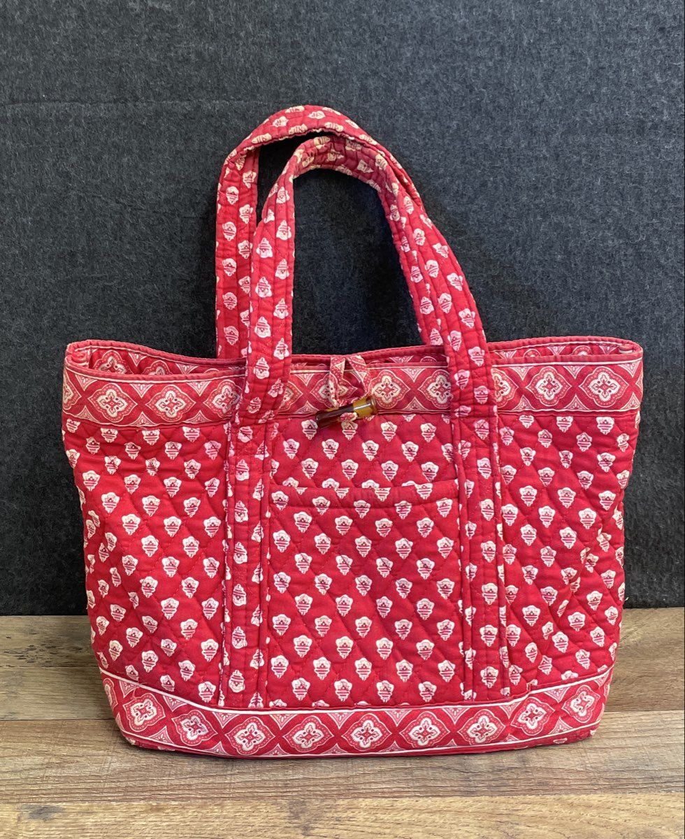 Vera Bradley Red Quilted Cotton Tote Bag Large Geometric Print Shoulder Bag