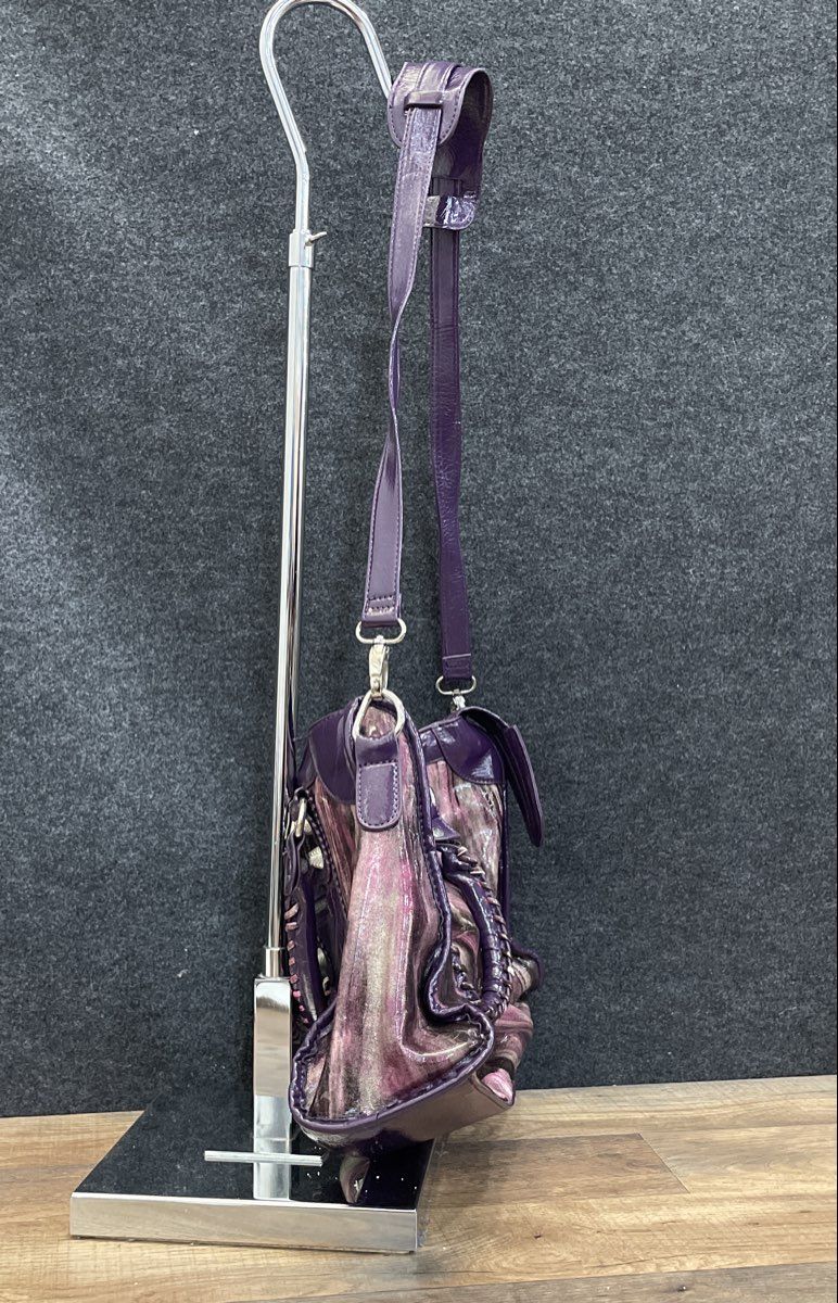 Candice Los Angeles Purple Abstract Leather Satchel Shoulder Bag Silver Hardware