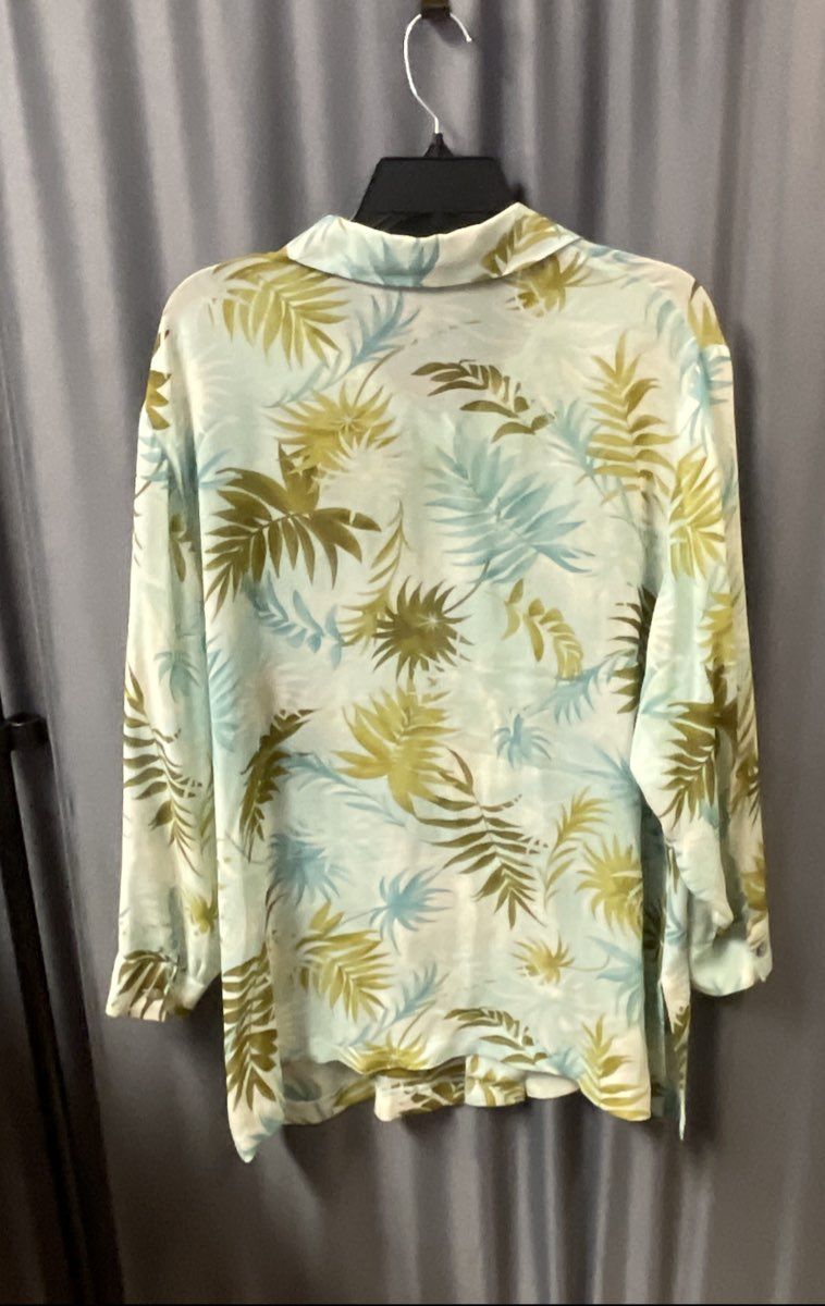 Kate Hill Women's Palm Tree Silk Button Down Top Green Blue Sz 18W