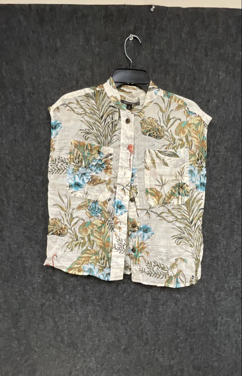 Banana Republic Women's Tropical Flamingo Print 100% Ramie Button Shirt Sz XS