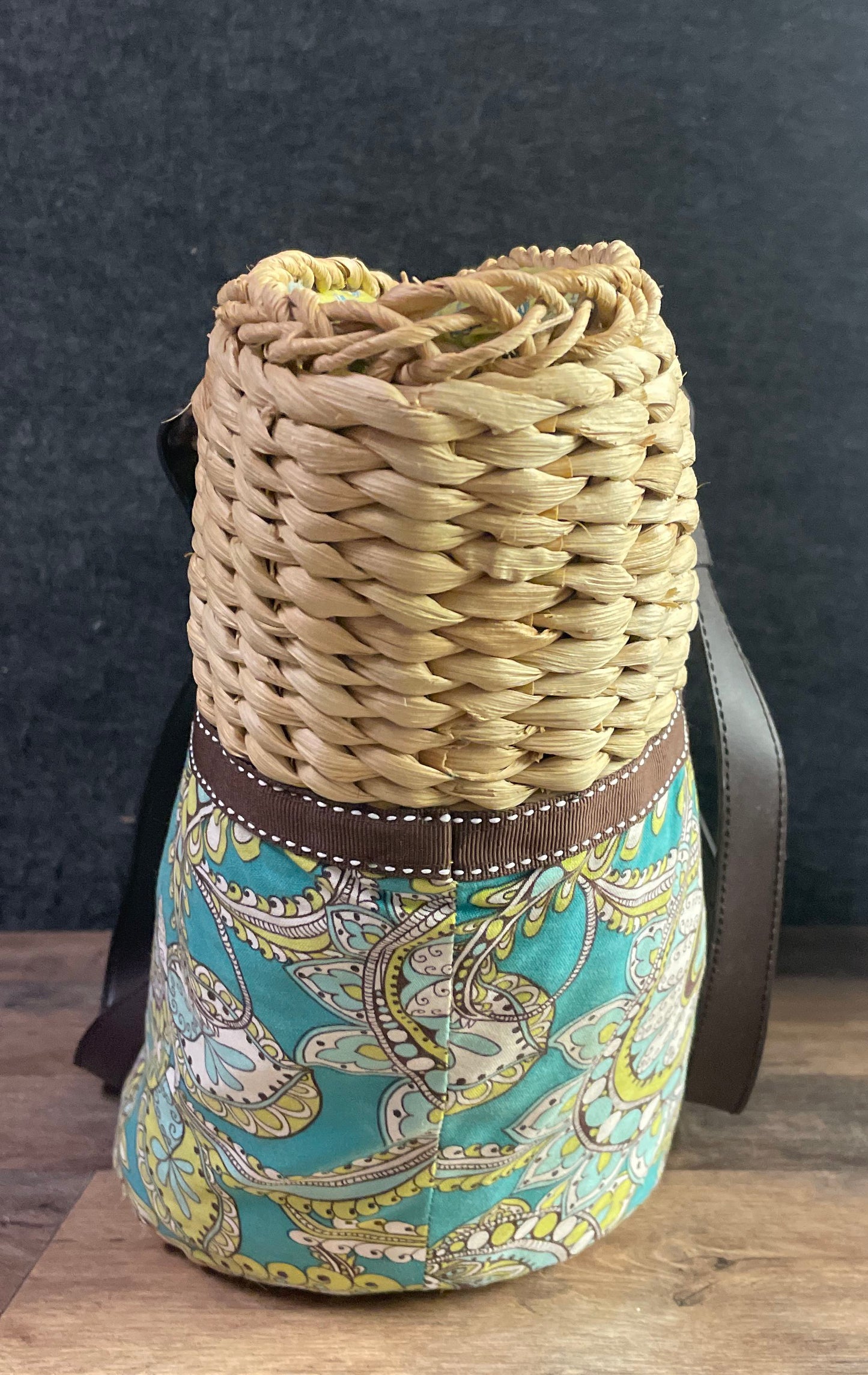 Vera Bradley Woven Straw Paisley Fabric Tote Bag Teal Green Large Shoulder Bag