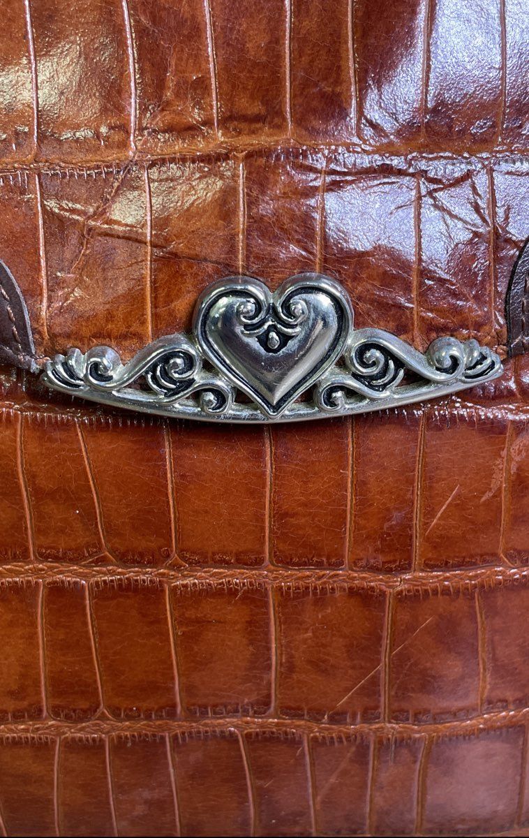 Marc Chantal Brown Crocodile Embossed Leather Shoulder Bag Silver Heart Hardware