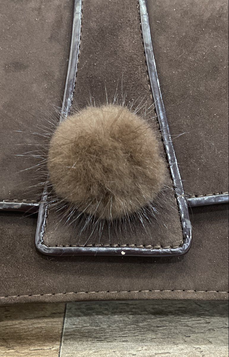J. Renee Brown Vintage 90s Suede Fur Pom Pom Shoulder Bag Patent Trim