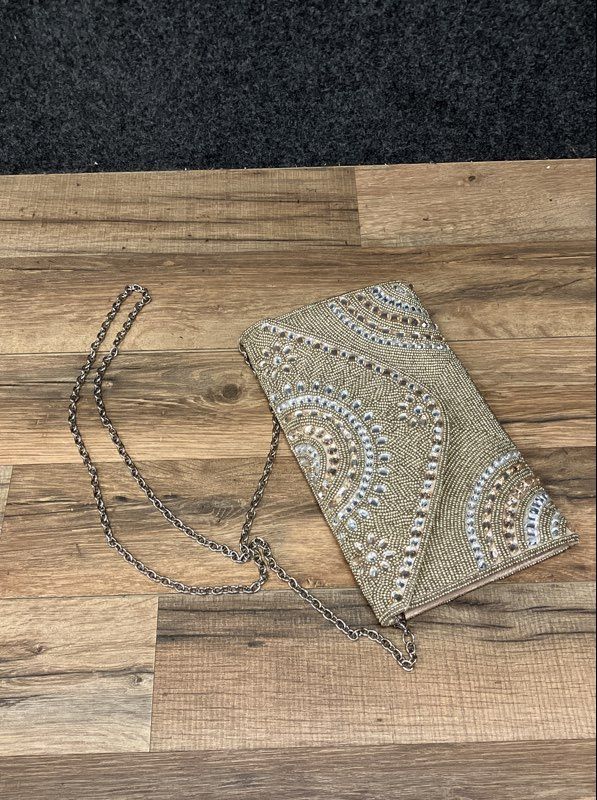 Nordstrom Gold Beaded Rhinestone Envelope Clutch Crossbody Bag Evening