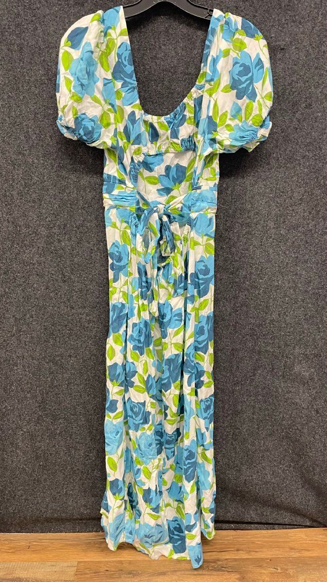 Miss Selfridge Women's Blue Green Floral Rose Maxi Dress Tie Back Cut Out Sz 6