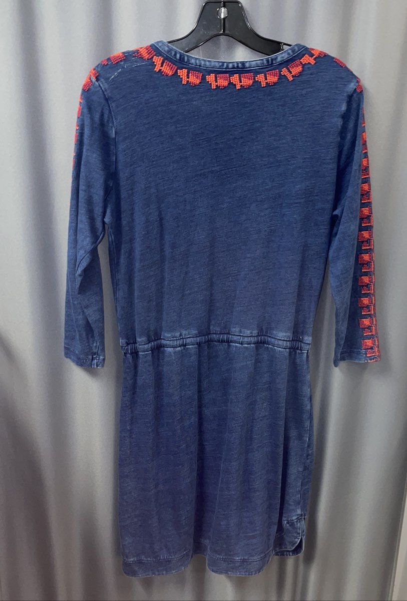 Lucky Brand Women's Navy Blue Embroidered Boho Cotton Long Sleeve Dress Sz S