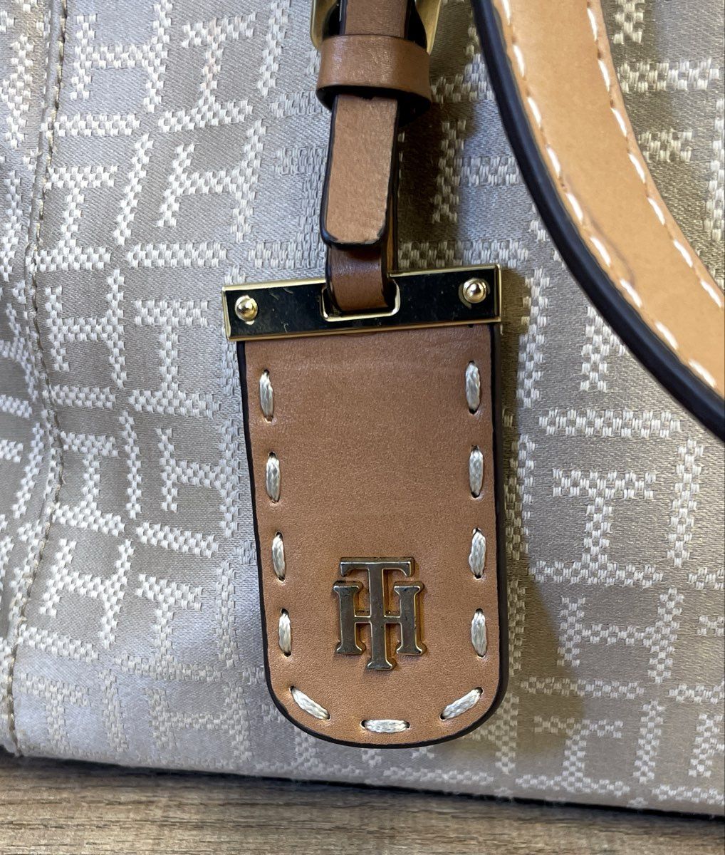 Tommy Hilfiger Tan Monogram Jacquard Crossbody Tote Bag Gold Tone Hardware
