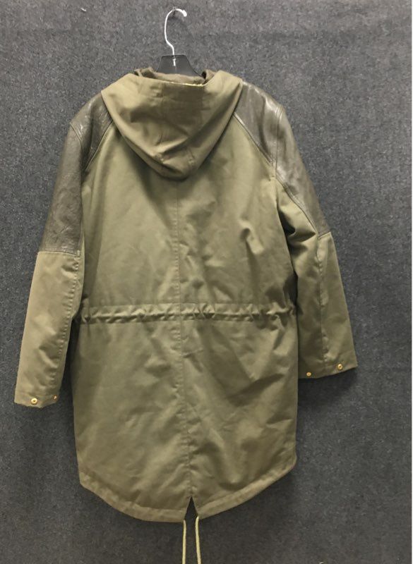 Veda Women's Olive Green Hooded Parka Jacket Sheep Leather Patches Size Medium