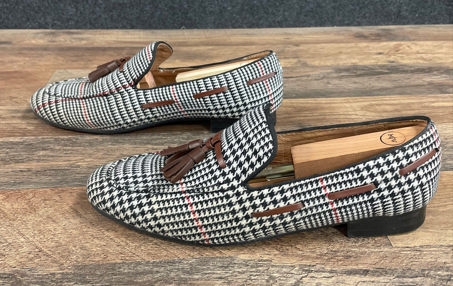 Elanroman Houndstooth Tassel Loafers Prince of Wales Check Red Sole Size 43
