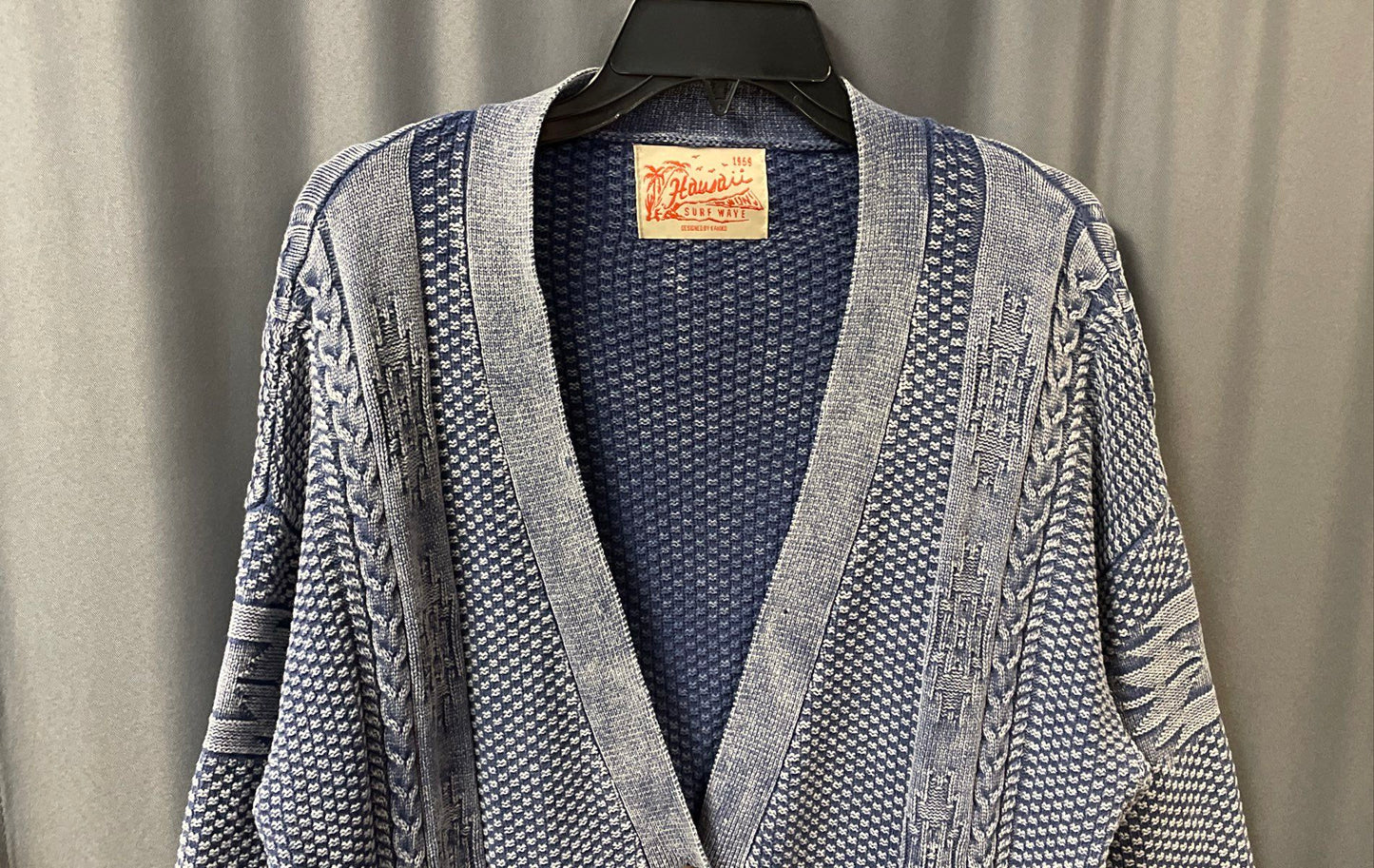 Hawaii Surf Wave Women's Blue Oversized Single Button Textured Cardigan Sweater