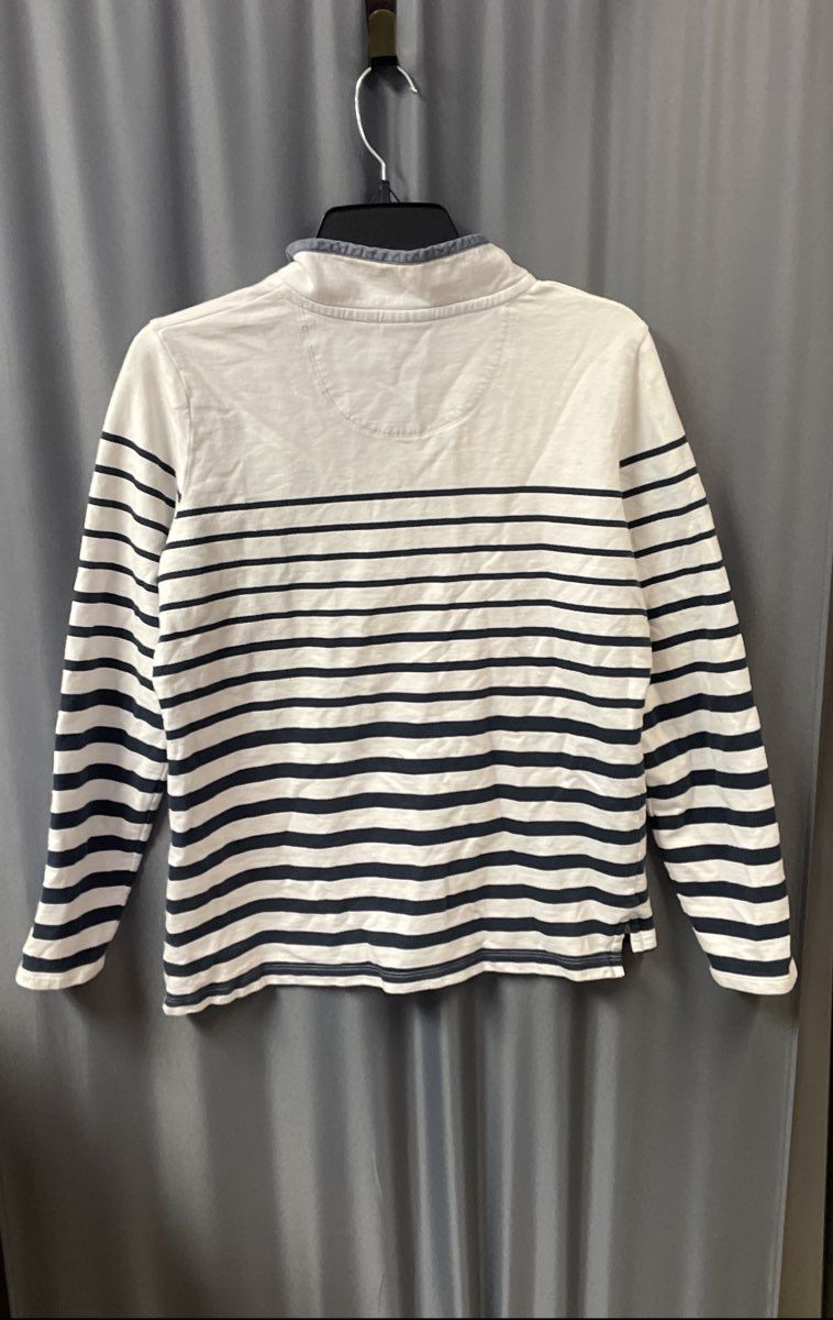 LL Bean Women's White Navy Blue Striped Long Sleeve Polo Rugby Shirt Sz M