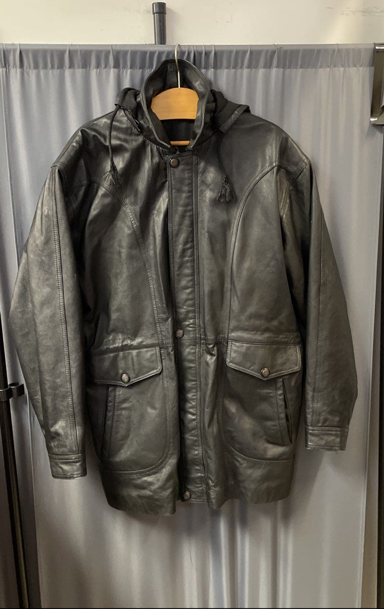 Vintage Oklahoma State Seal Black Leather Hooded Coat Women's Sz L
