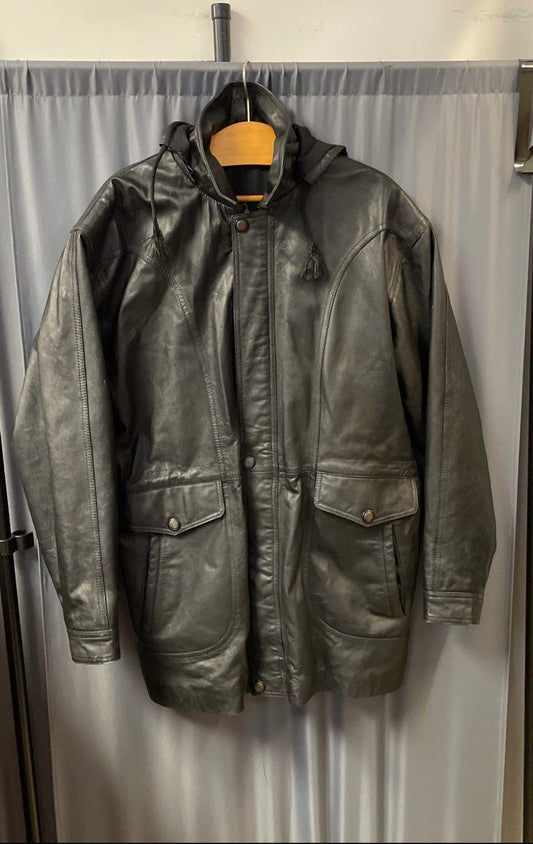 Vintage Oklahoma State Seal Black Leather Hooded Coat Women's Sz L