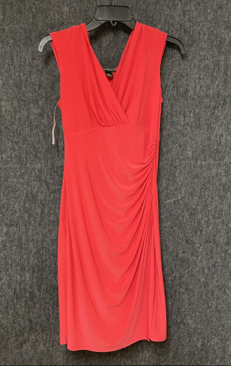 Lauren Ralph Lauren Women's Red Ruched Sleeveless V-Neck Sheath Dress Sz 6