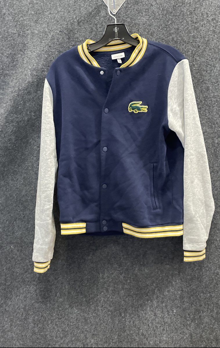 Lacoste Boys Varsity Jacket Sweater Navy Blue Gray Striped Trim Croc Logo Sz 16