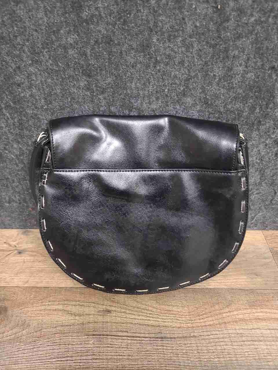 Black Floral Faux Leather Whipstitch Crossbody Saddle Bag Brass Hardware