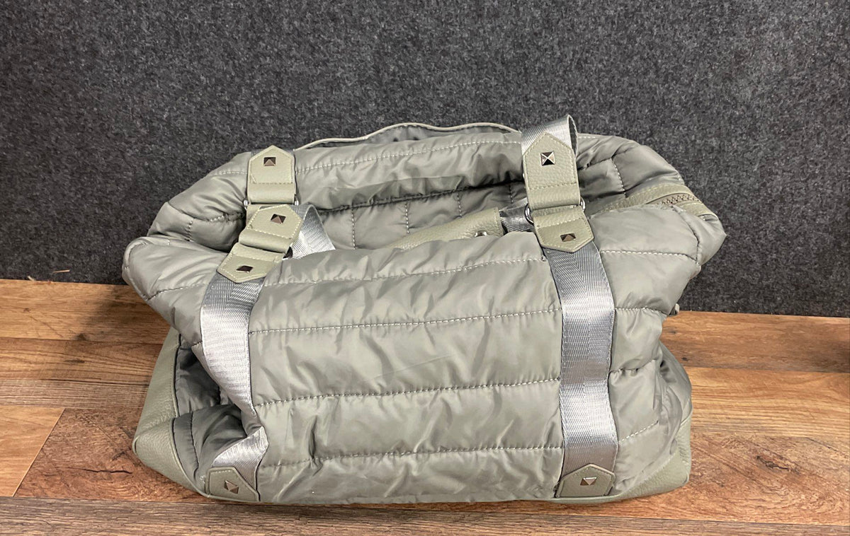 Cynthia Rowley Grey Quilted Puffer Handbag Studded Duffel Weekender Bag
