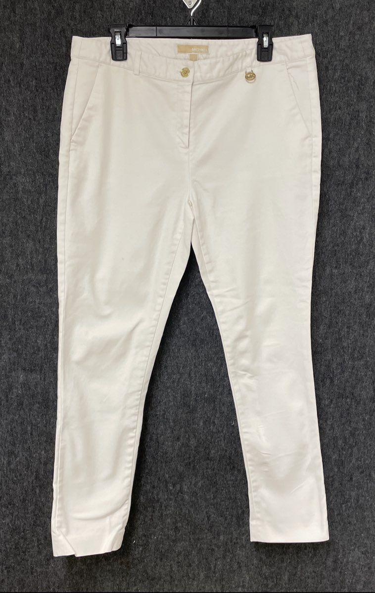 Michael Kors Women's White Slim Fit Stretch Cotton Pants Gold Logo Hardware 12
