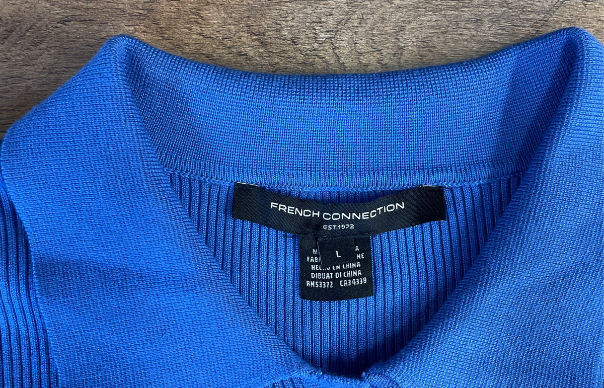French Connection Women's Blue Ribbed Knit Polo Collar Sweater Cardigan Sz L