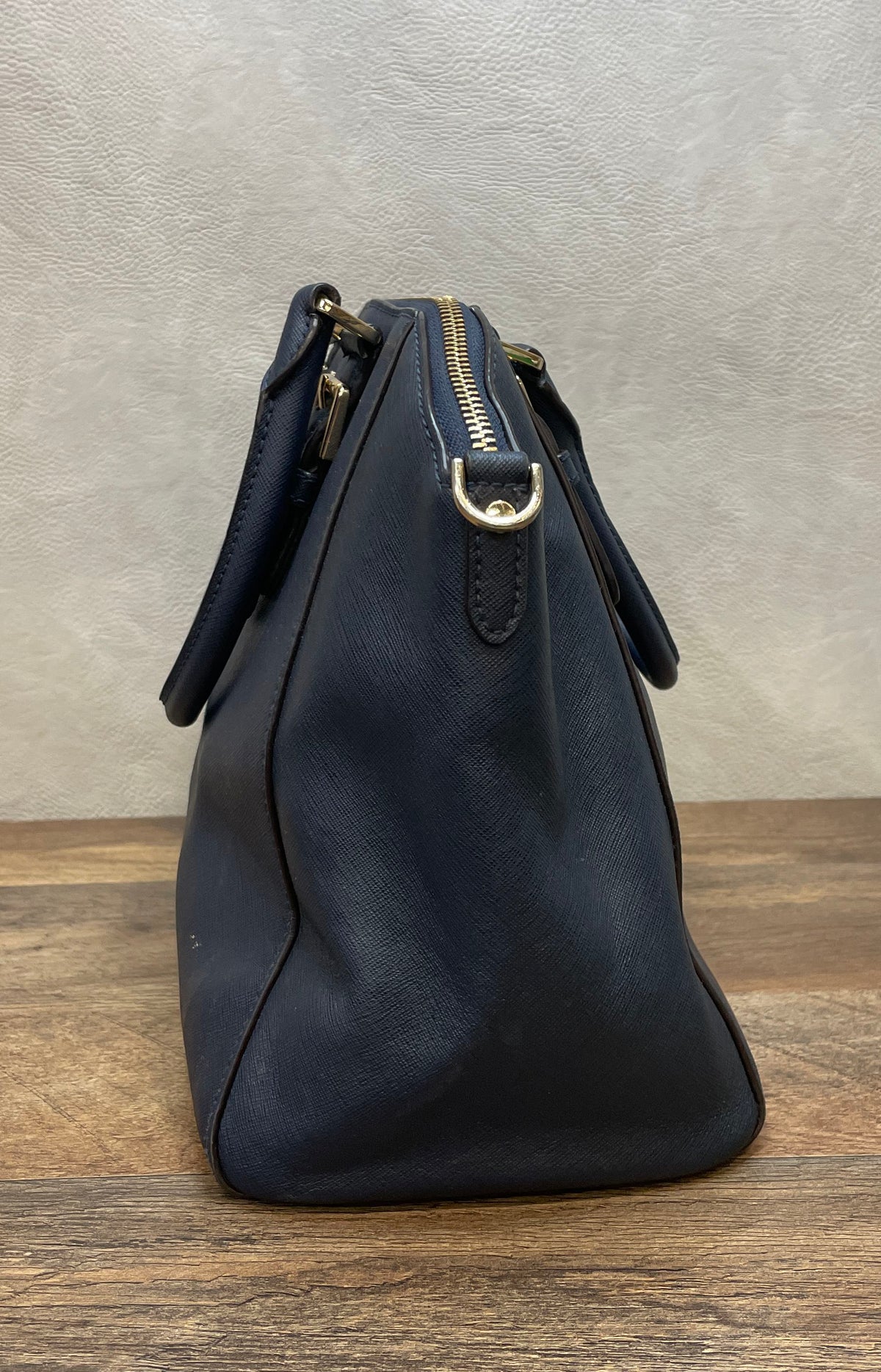 Michael Kors Navy Blue Saffiano Leather Satchel Handbag Gold Hardware