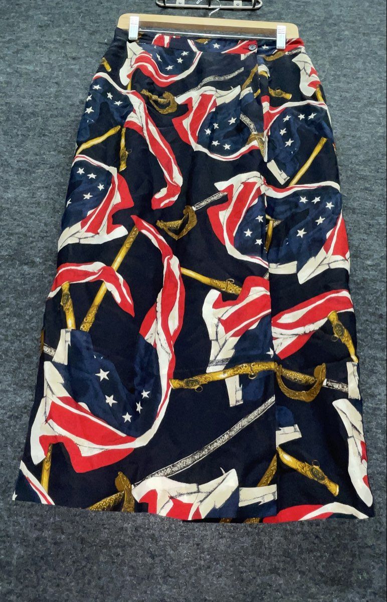 Vintage 90s Jones New York Women's Navy Silk Flag Saber Print Wrap Skirt Sz 10