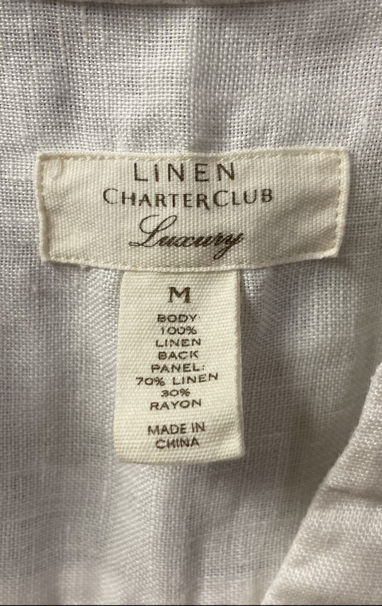 Charter Club Women's White Linen Blouse Roll Tab Sleeve Textured Back Size M