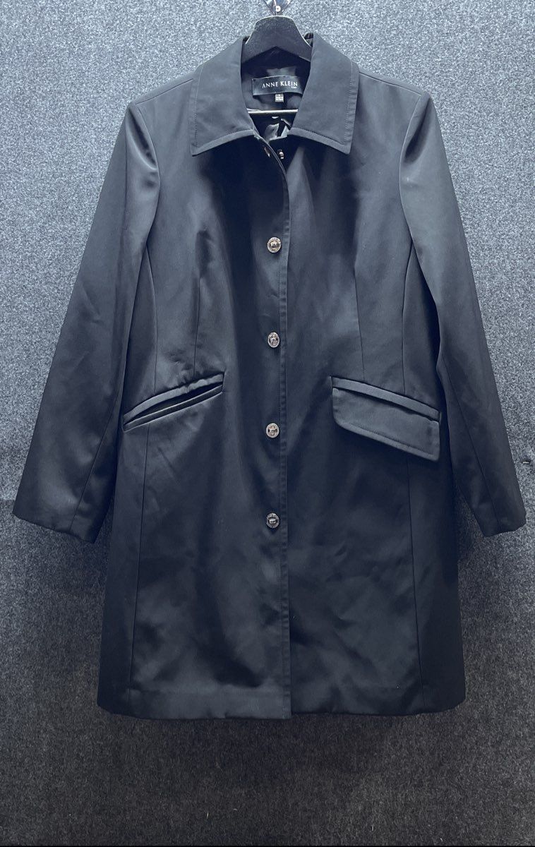 Anne Klein Women's Black Button Front Trench Style Mid-Length Coat Jacket Sz L