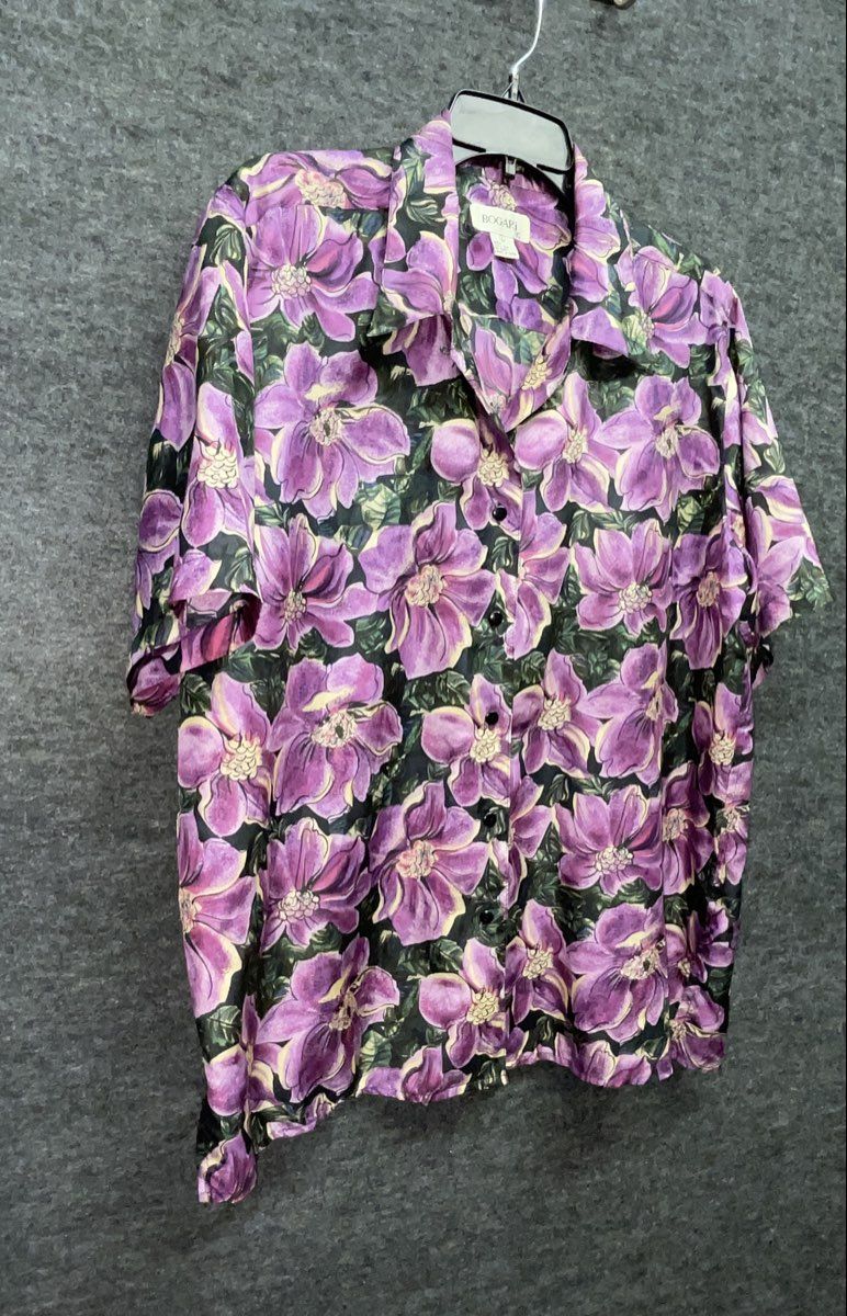 Vintage 90s Bogari Women's Purple Floral 100% Silk Blouse Sz L