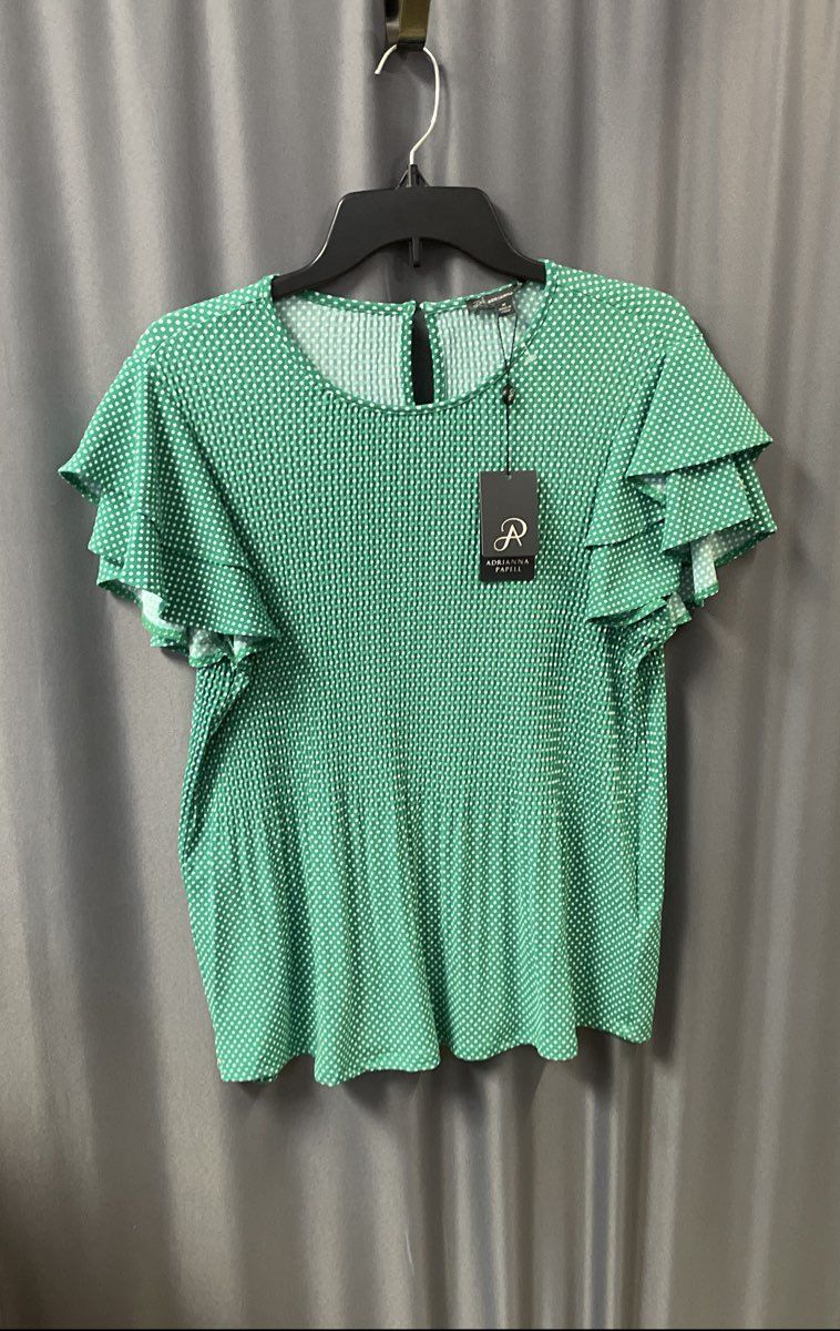 Adrianna Papell Women's Green Polka Dot Pleated Knit Double Sleeve Top M NWT