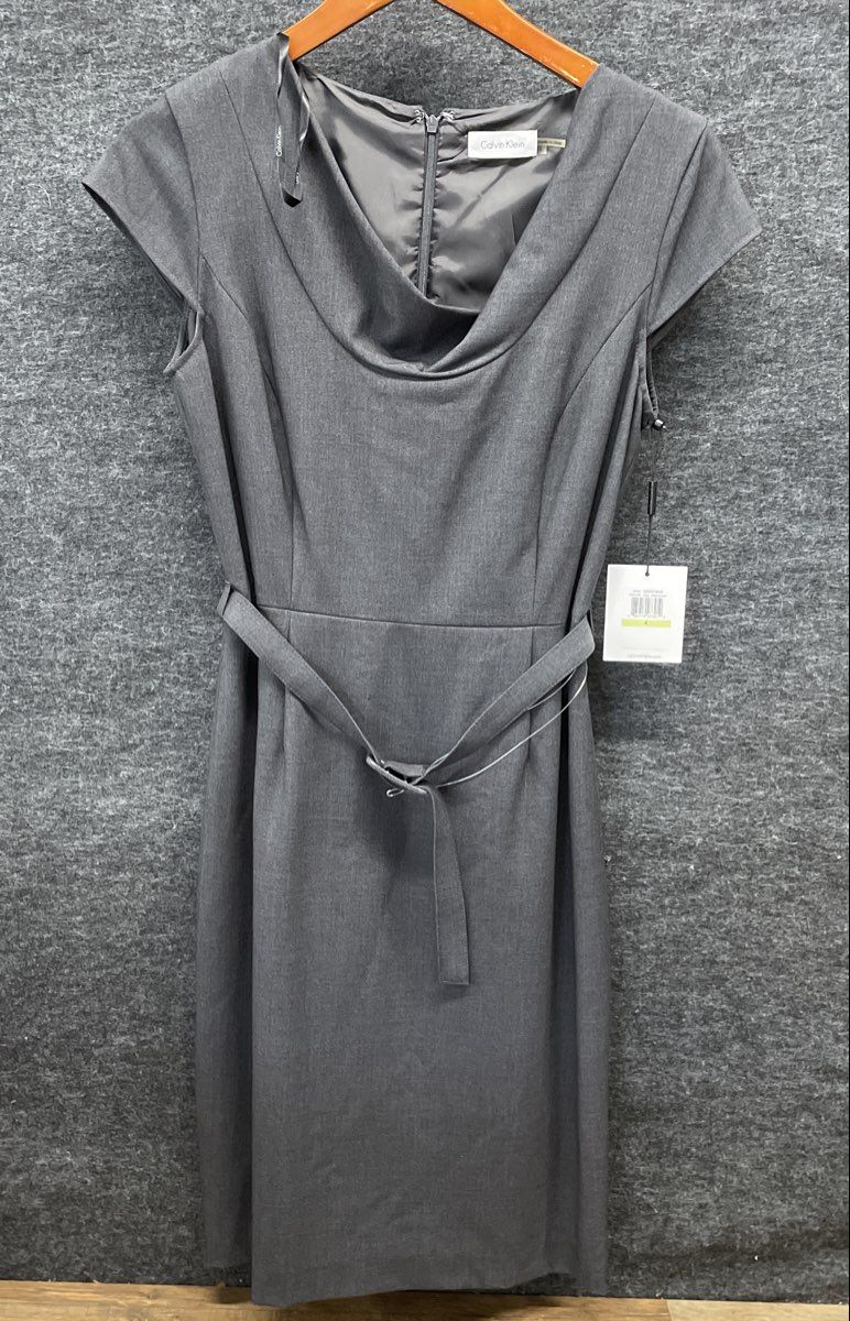 Calvin Klein Women's Charcoal Gray Cowl Neck Sheath Dress Belted NWT Sz 4