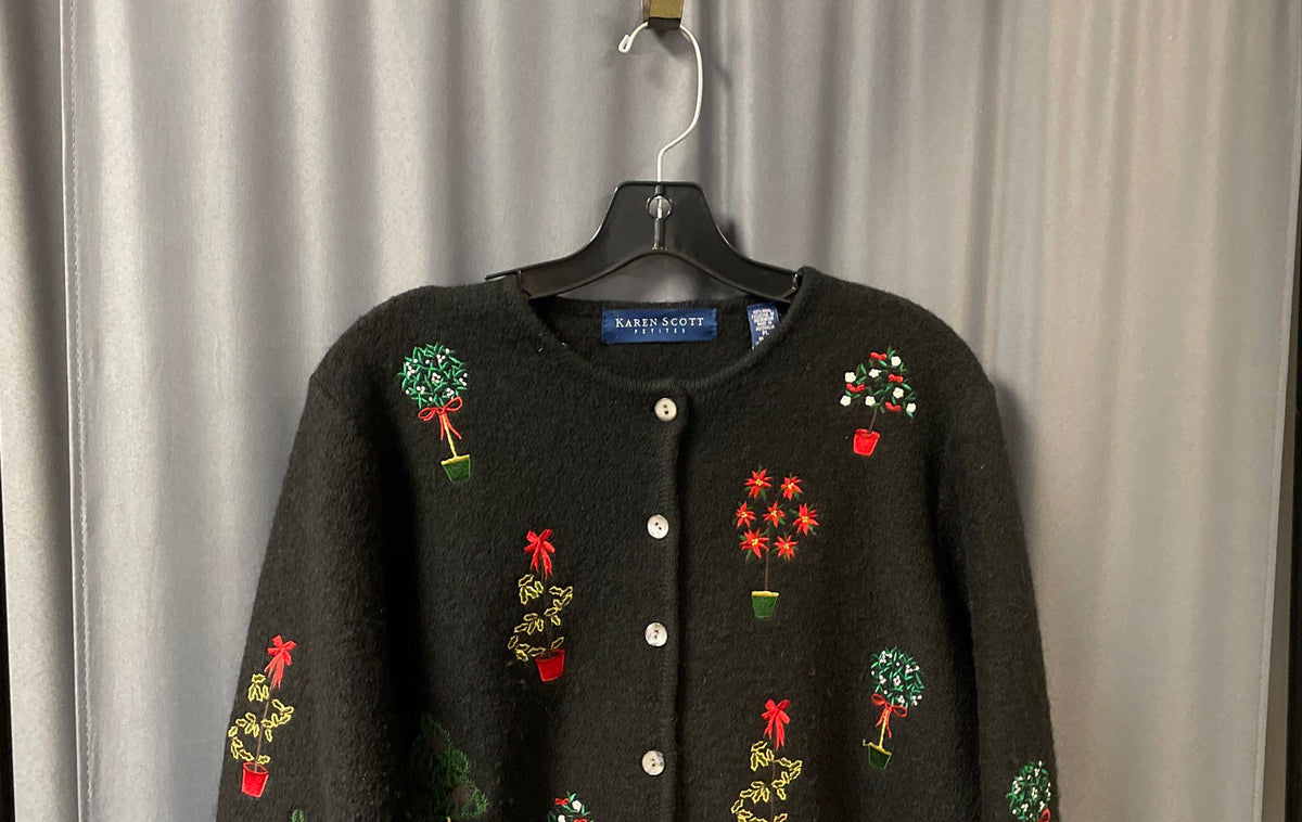 Karen Scott Petites Women's Black Wool Holiday Embroidered Cardigan Sz PL