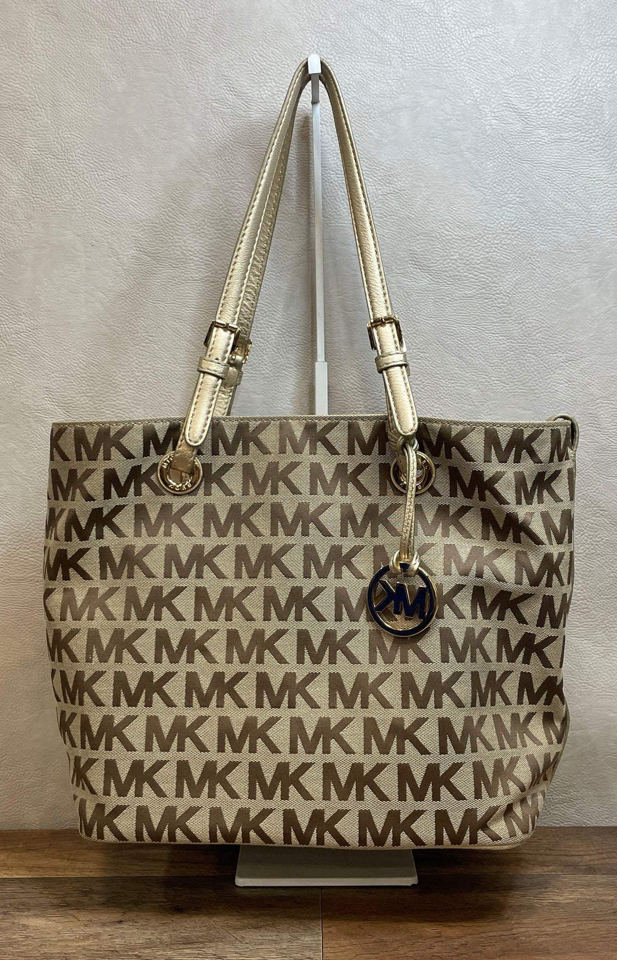 Michael Kors Gold Beige Signature Monogram Tote Bag Metallic Trim Gold Hardware