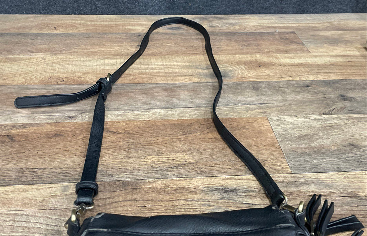 Antik Kraft Black Leather Tassel Foldover Crossbody Bag Mini Gold Hardware